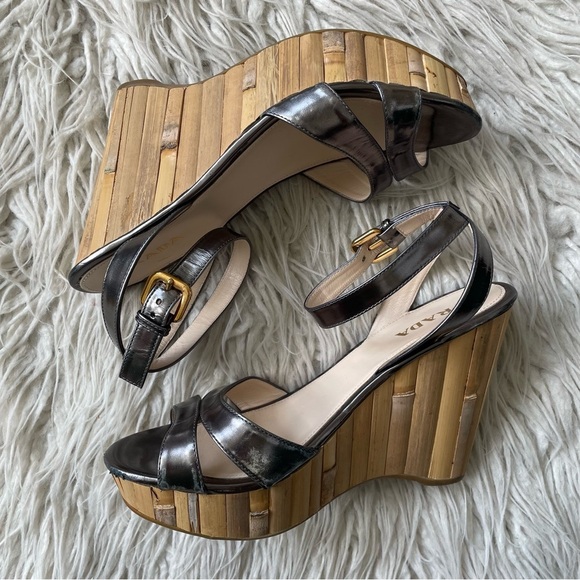Prada Metallic Silver Pewter Patent Leather Bamboo Wedge Ankle Strap Sandals 39 - Picture 7 of 13